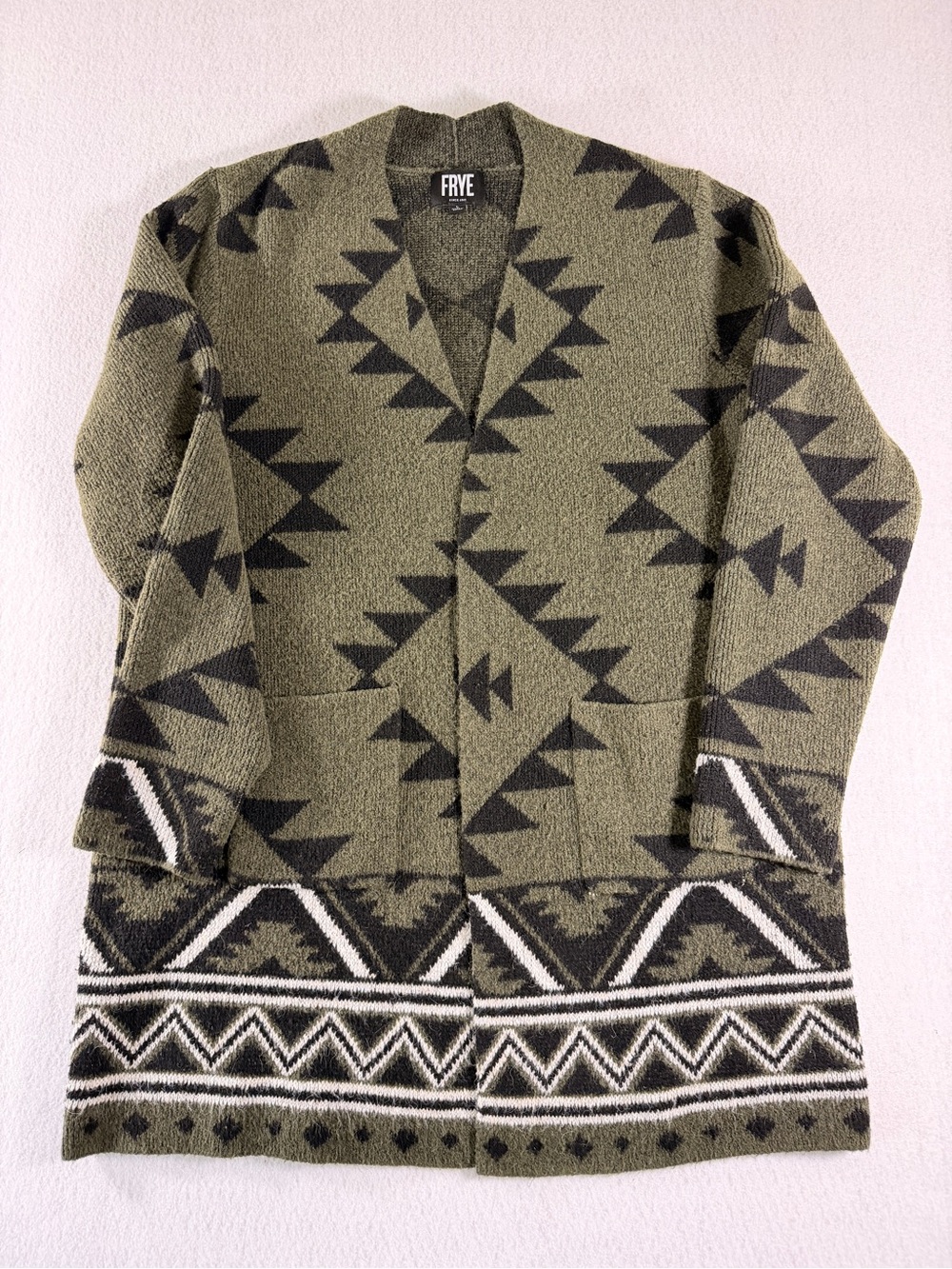 Frye Aztec Southwestern Olive and Black Geometric Open-Front Cardigan - Picture 2 of 7